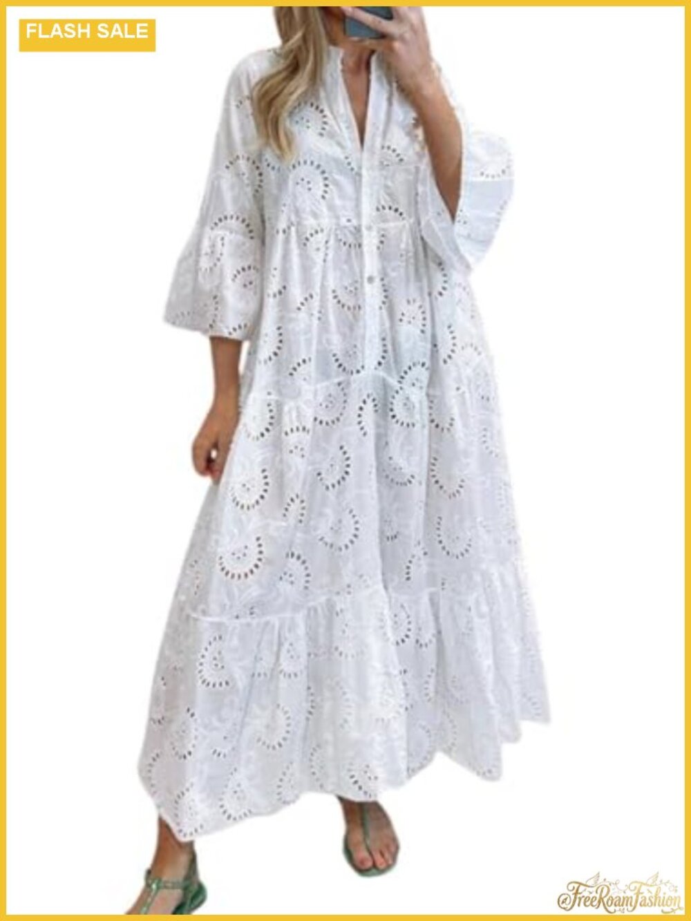 Lace Eyelet Embroidery Maxi Dress V-Neck Trumpet Sleeve Boho Flowy Swing